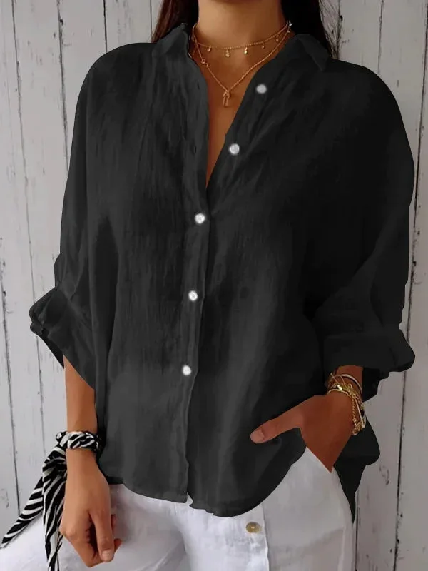Summer Casual Cotton Linen Button Shirt Women Fashion Loose Solid Lapel Cotton Office Linen Shirt Women Top Retro 2025 White