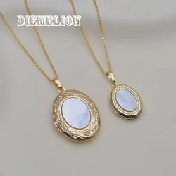 Vintage 18K Gold Plated Natural MOP Shell Oval Locket Pendant Necklace for Women Flower Pattern Can Opened Closed To Hold Photos
