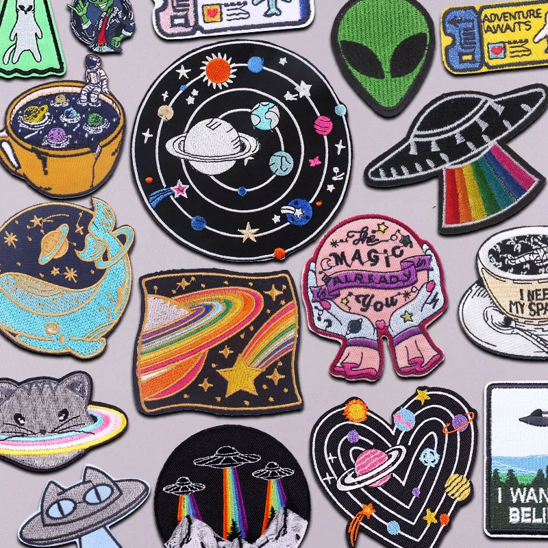 Parche alienígena OVNI espacial, parches bordados para ropa, Parches, rayas alienígenas, parches termoadhesivos para planchar para ropa