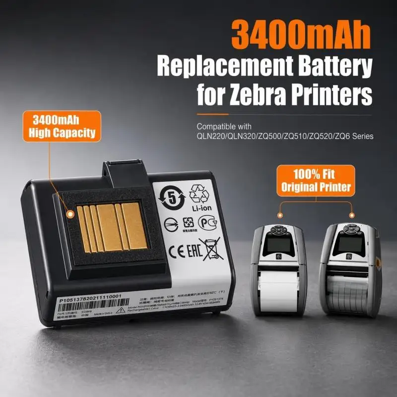 P1051378 7.4V 3400mAh Battery For Zebra QLN220 QLN320 ZQ500 ZQ510 ZQ520 ZQ610 ZQ620 Portable Printer Replacement Battery