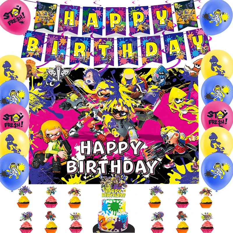 Shooting Game Splatooned Birthday Party Decoration Splatooned Balloon Banner Cake Topper Party Supplise Kids Toys