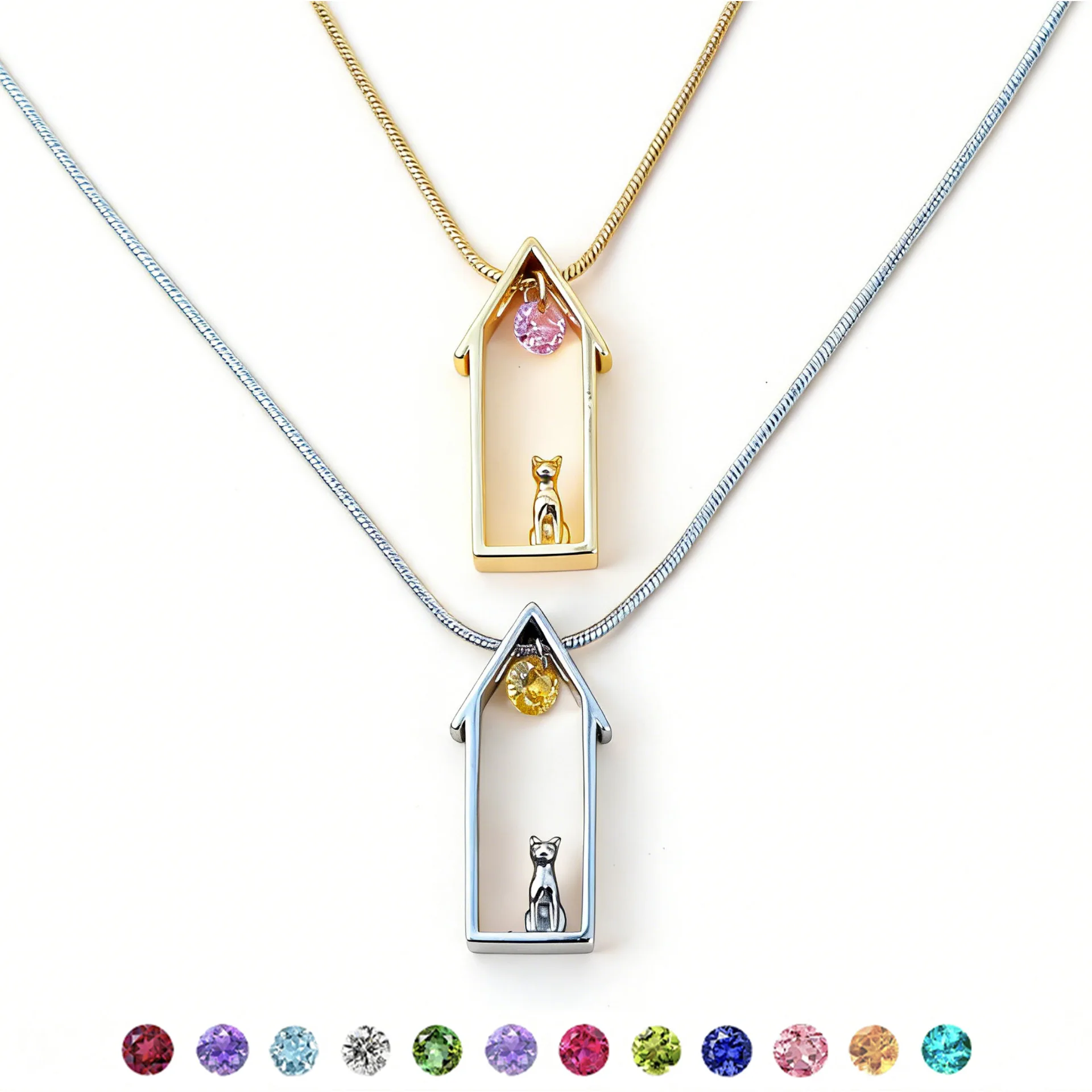 

Colorful CZ 12 Month Birthstone Cat Pendant Necklace Real Gold Plated Snake Chain Dainty Zodiac Jewelry Gift for Women Girls