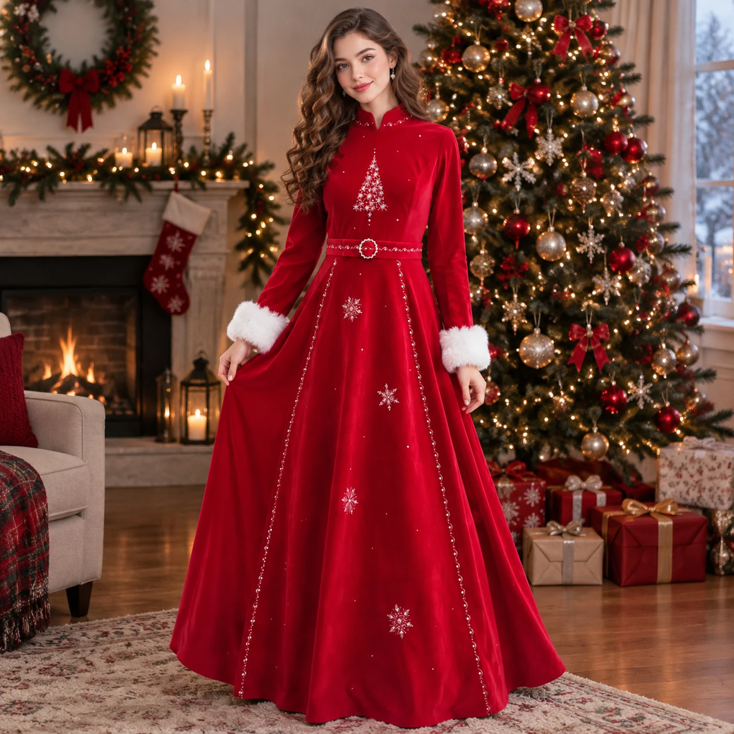 Red Velvet Mandarin Collar Rhinestone Christmas Dress with Fur Cuffs