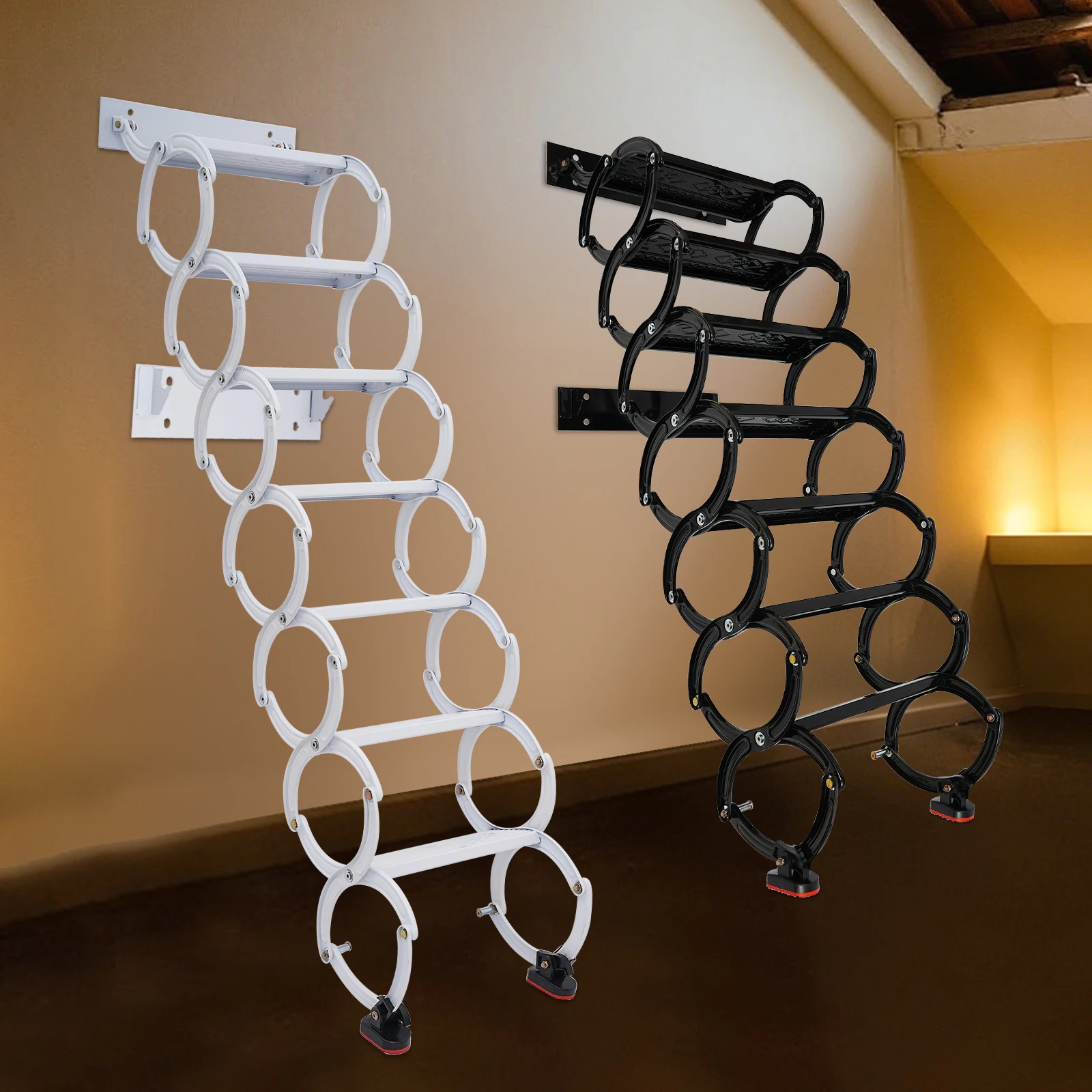 Wall Mounted Attic Ladder, Pull Down Telescoping Step Ladder, 7 Steps Wall Mounted Retractable Ladder Black/White 300kg