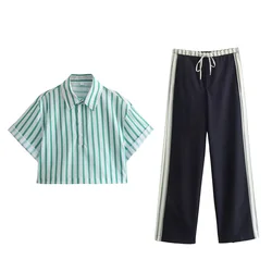 2024ZAR * Spring/Summer New Women's Short sleeved Shirt Flip Collar Striped Poplin Style Short Shirt Top Pants