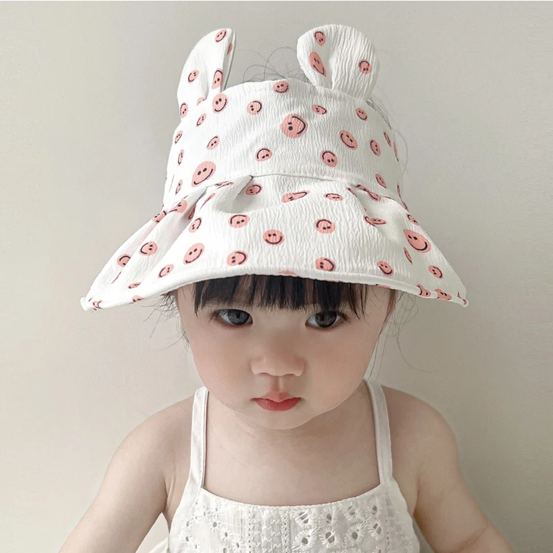 Baby Hat Summer Thin Sun Hats Kids Boys Girls Smiling Face Pattern Breathable Empty Top Hat Cotton Big Brim Beach Caps