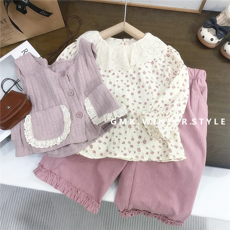 

Girls' Autumn Floral Outfit Spring and Autumn New Fashionable Baby Early Autumn Clothes Children's Stylish Three-Piece Set