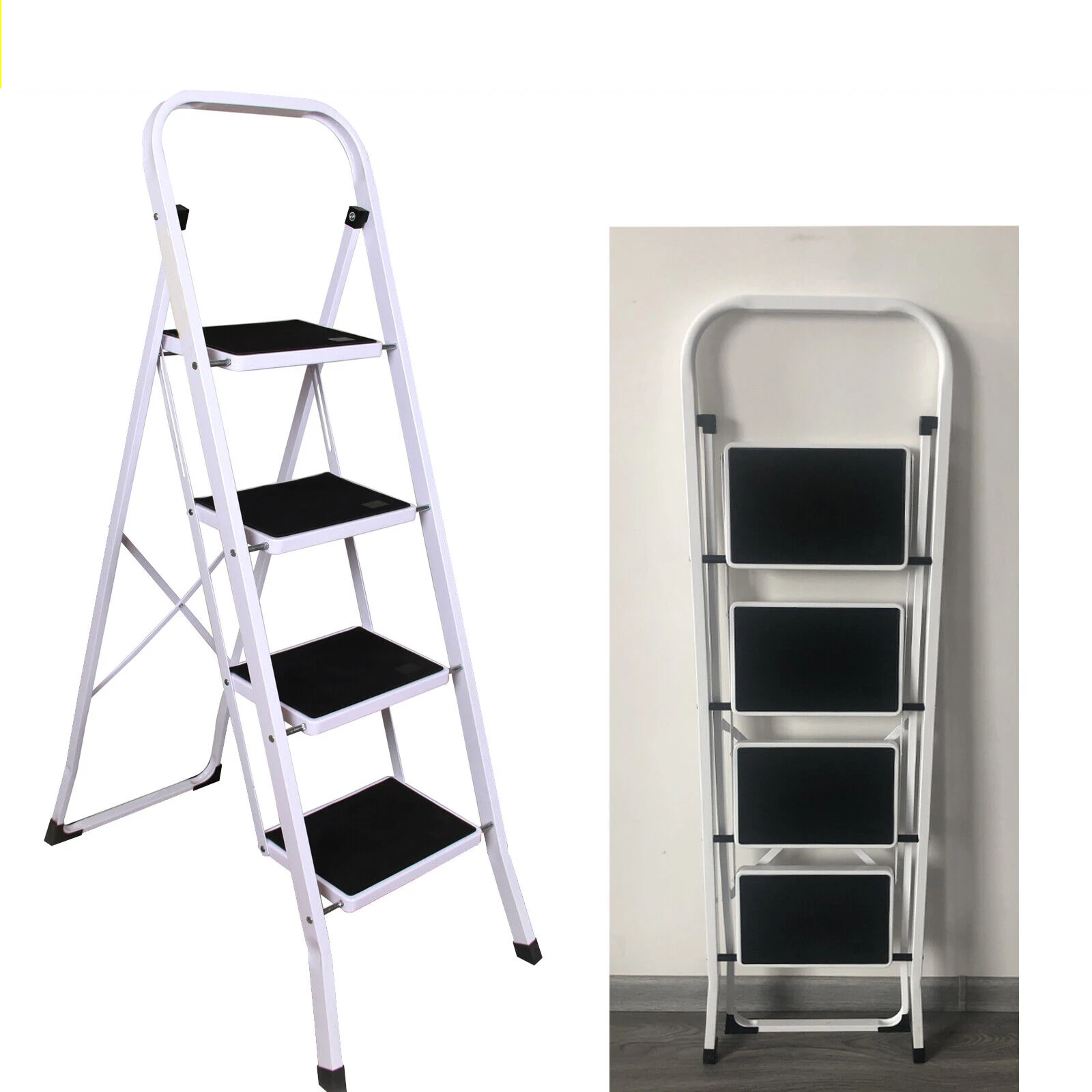 Folding Step Ladder 4 Step Ladder with Wide Padel, Portable Steel Stepladder for Kitchen Home, 150 kg Capacity, Easy to Store