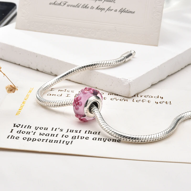 جديد الأوروبيين الوردي الأصلي سحر الحب جرعة زجاج مورانو القلب استرخى حبة صالح 925 فضة سوار DlY النساء مجوهرات #3