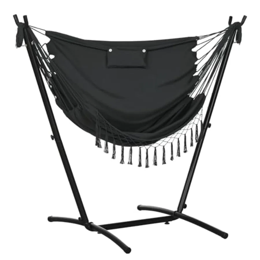 

Outdoor Patio Hammock Chair with Stand Hanging Lounge Chair in Dark Gray Featuring Side Pocket and Headrest for Relaxation