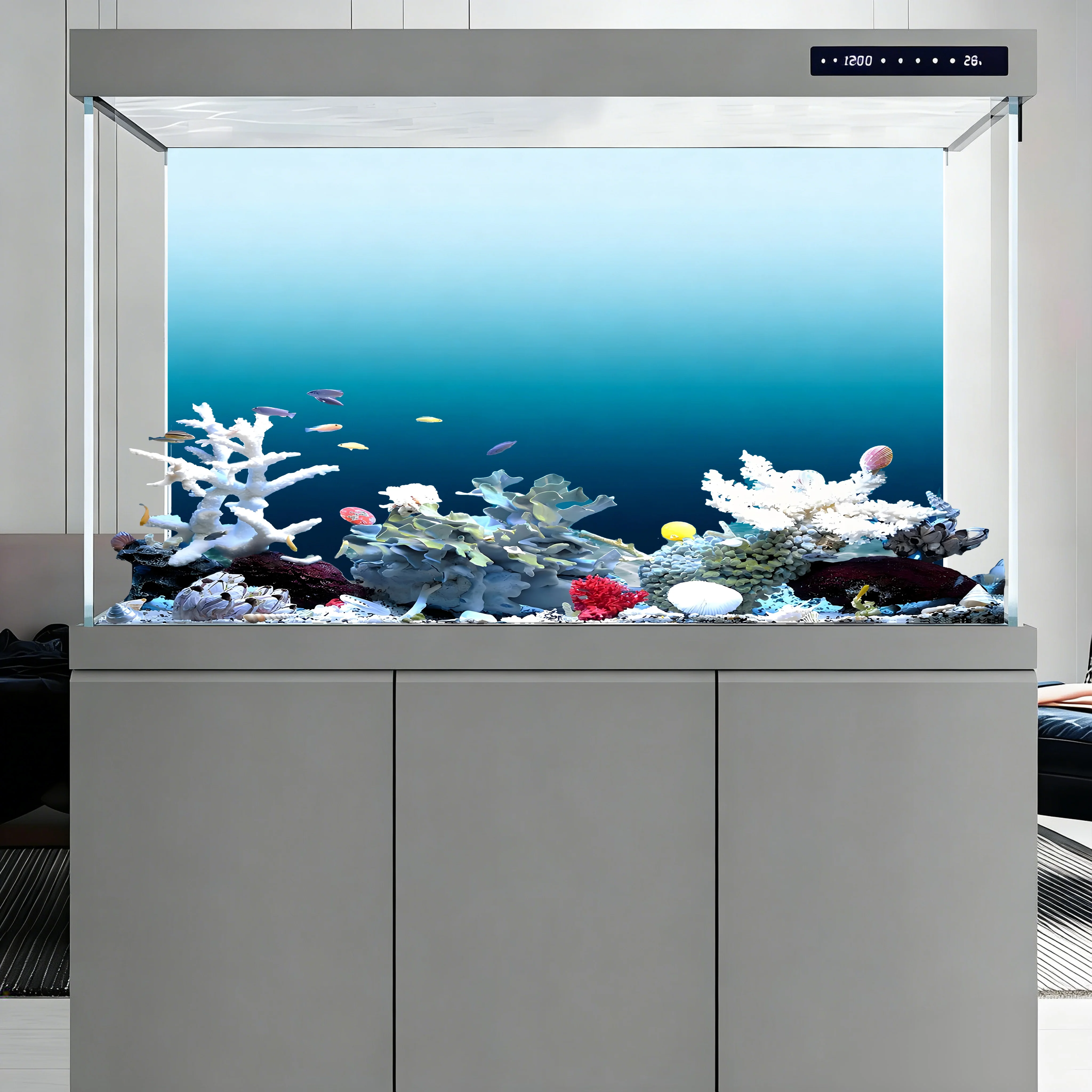 Aquarium-Hintergrund, Hintergrund für Fischbecken, Farbverlauf von Weiß zu Blau, Aquarium-Dekoration, selbstklebender, flacher 2D-Aufkleber für die Vorderseite. – Detail 3
