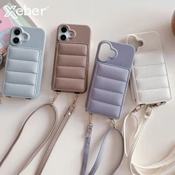 Luxury Lanyard Wallet Case For iPhone 16 15 14 Plus 13 12 11 Pro Max 13 12 Mini Lichee Pattern Leather Shockproof Cover Shell ﻿