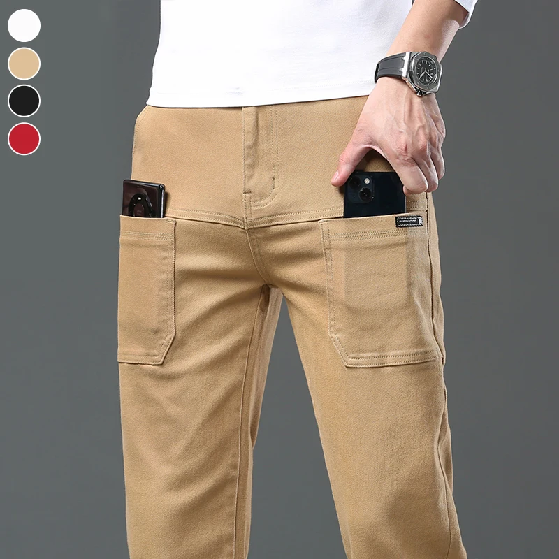 

6 Pocket Design Slim Jeans Men's Spring New Fashion Khaki Korean Straight Elastic Trousers Comfort Business Work Casual Pants