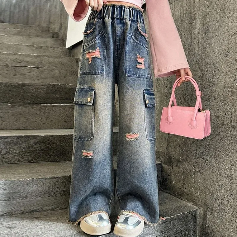 Women's Wide-Leg Cargo Jeans for Tween Girls - Straight Leg Big Kid Autumn Pants, Stylish School Jeans for Girls, Hot Sale 2025