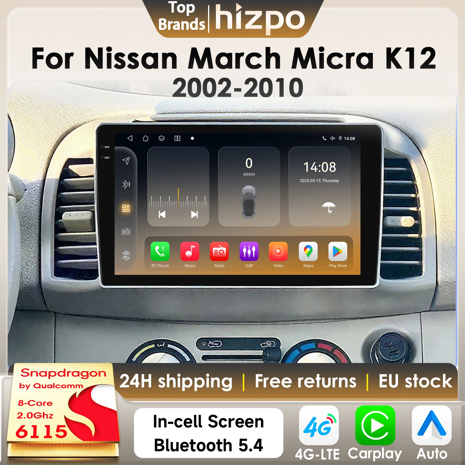 Hizpo 8Core 2Din Android 14 Autoradio Für Nissan March Micra K12 2002 -2010 Auto Multimedia GPS 4G Carplay von Qualcomm Snapdragon