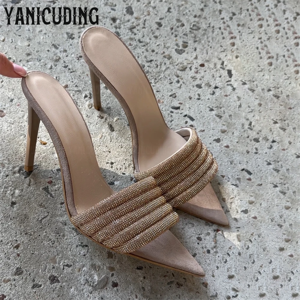 Sparkling Rhinestone Wedge Sandals Luxurious Crystal High Heel Sandals Khaki Suede Pointed Sandals Fashion Ankle Strap Sandals