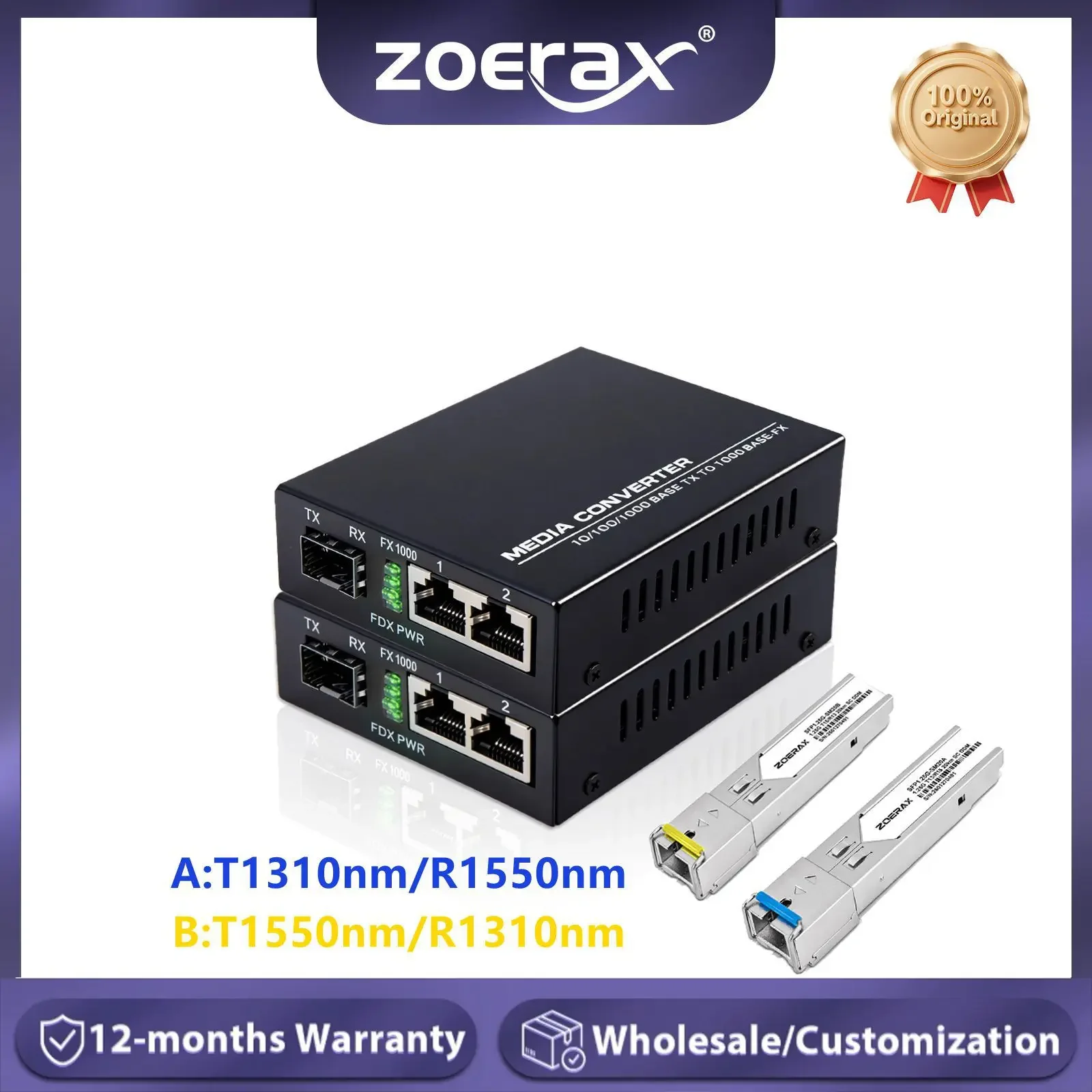 ZoeRax Gigabit Ethernet Converter 1 optical 2 RJ45 1.25G SC Singlemode SFP Up to 20km Transceiver Module