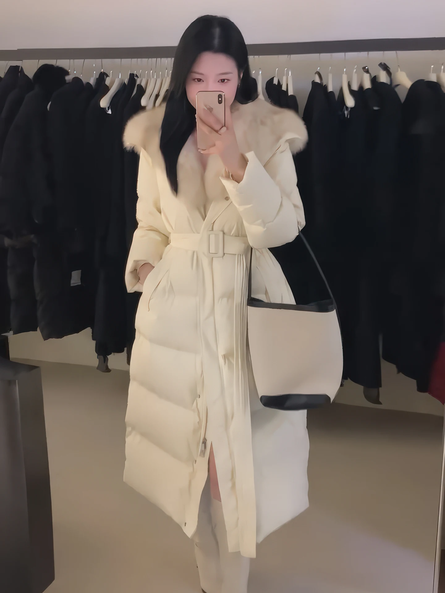 Korean Sle Long down Jaet Women's Winter Thiened White Du down Coat Slimming Waist High Collar Warm Faionable