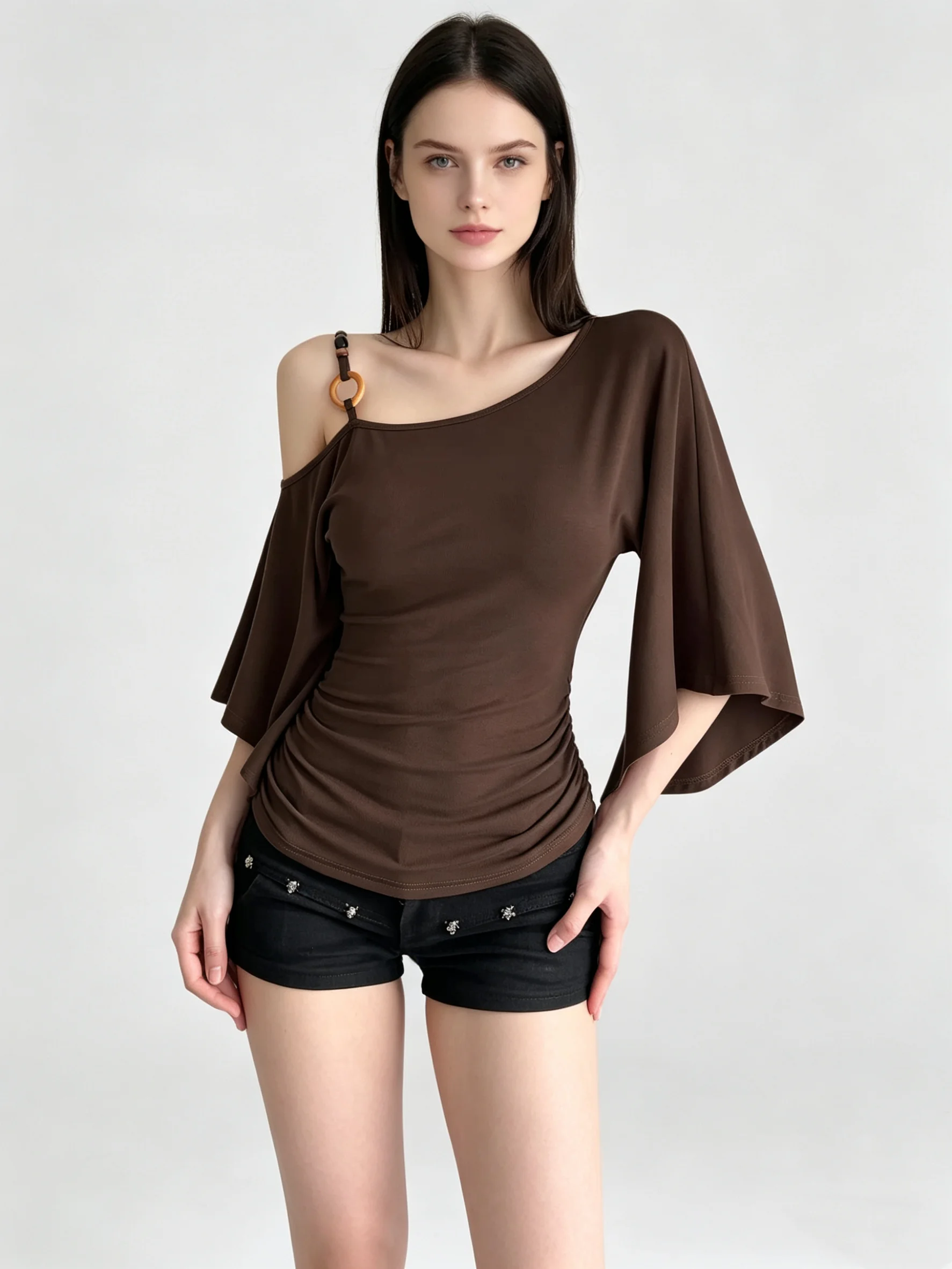 

Женская американская винтажная коричневая футболка с длинным рукавом в стиле Harajuku Gyaru Emo, топ с открытыми плечами, одежда 2000-х годов, весна