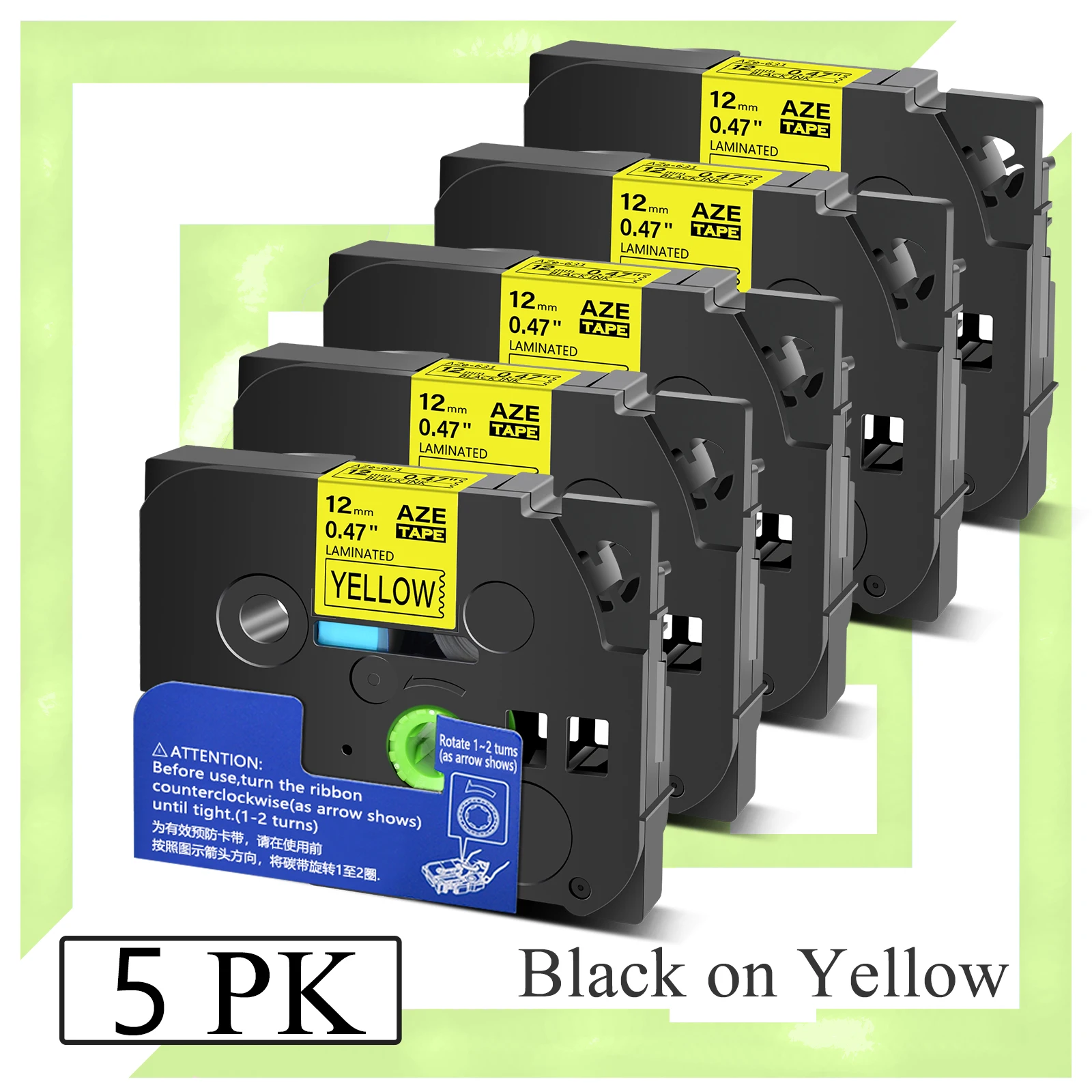 5PK 6/9/12/18/24mm Label Tape Laminated Compatible Brother TZe631 641 651 Black on Yellow Cartridge for P-Touch PT-1000 PT-H101C