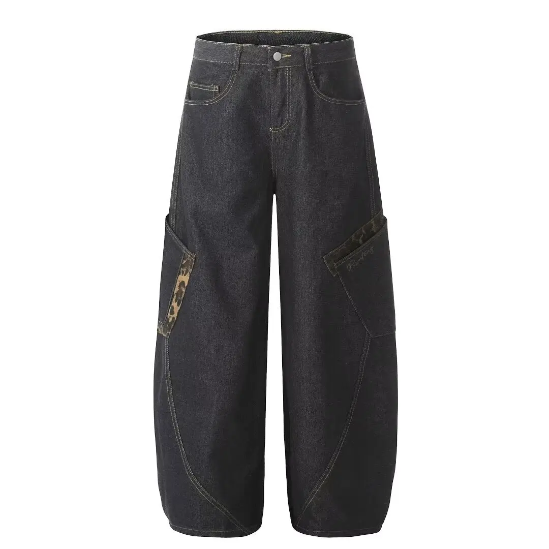Uniesx Jeans 2025 Otoño Invierno nuevas mujeres pantalones vaqueros Retro desgastado leopardo Panel pierna ancha barril pantalones sueltos Slim Fit