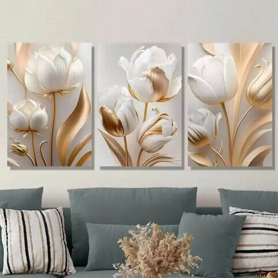 3 Piece Set Diy Full Diamond Embroidery White golden Flowers Triptych Mosaic Painting Jewelry Cross Stitch Rhinestone Picture