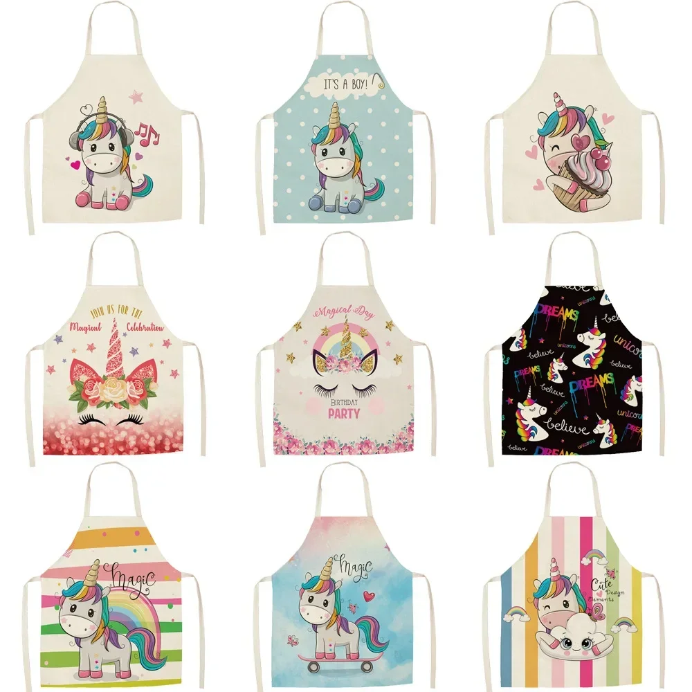 Cute cartoon unicorn creative printed flax apron, kitchen cleaning waterproof dust apron house cleaning tool delantal