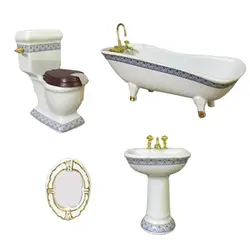 Ceramic Dollhouse Bathroom Furniture (4 pcs) - Bathtub, Sink, Toilet, Mirror - Doll House Furnishings Toy - 1:12 Scale