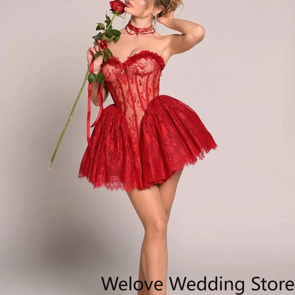 Customized Romantic Red Lace Corset Mini Dress featuring a strapless sweetheart neckline sheer lace detailing and a flared skirt
