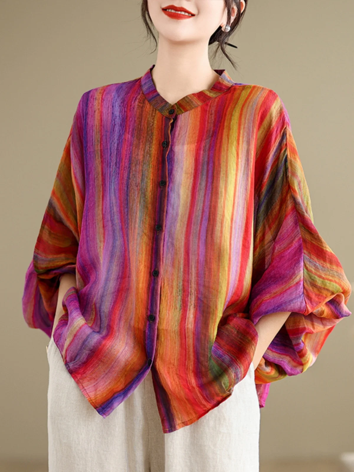 

Rainbow Stripes Loose Fit round Ne irt for Women Ele Sle Long Sve Commute Faion Printed Fabric Lantern Sve