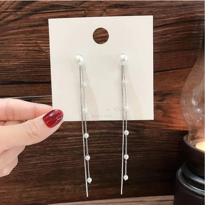 S925 Silver Needle Super Immortal Tassel Earrings Show Face Thin Chain Pearl Pendant Earline Women's Birthday Gift Jewelry