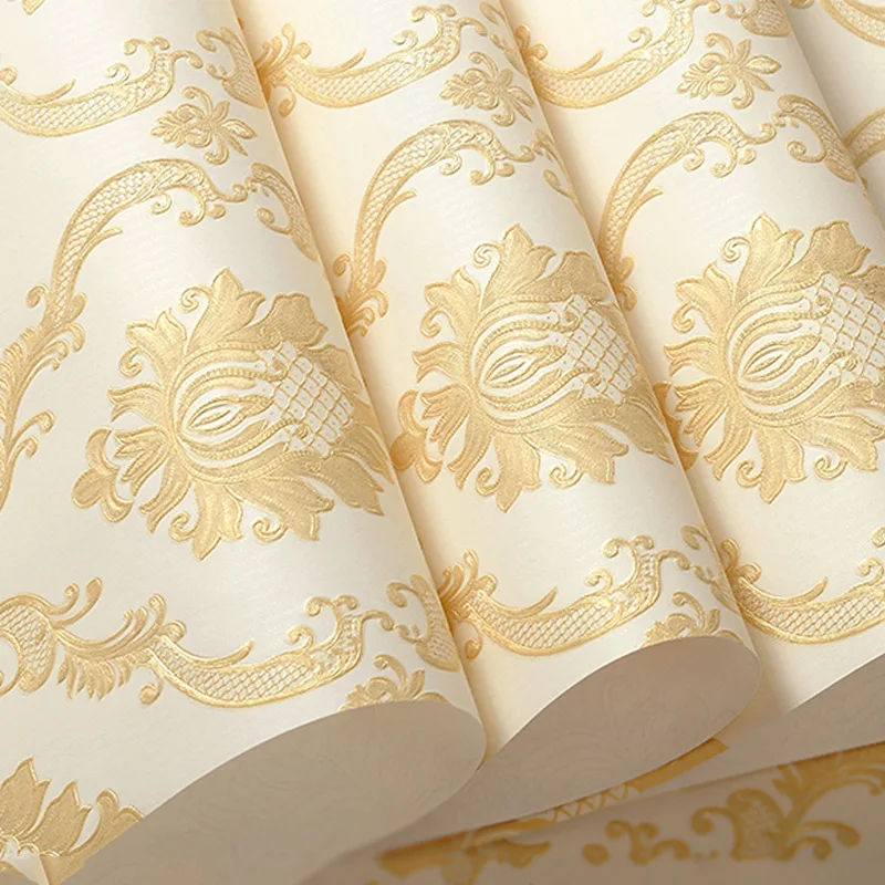 European-style Non-woven Wallpaper 3D Luxury Embossed Golden Damascus Wallcovering for TV Backdrops,Bedrooms,Living Rooms