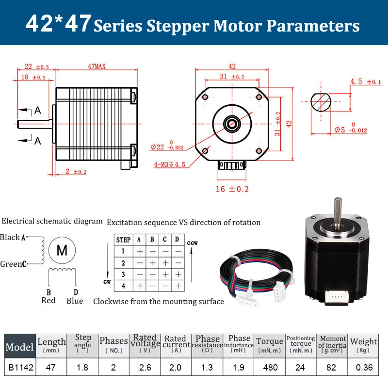 Motor paso a paso Nema 17 para impresora 3D, fresadora de grabado CNC, 2 fases de altura, 23/33/40/47/48/60mm, 42