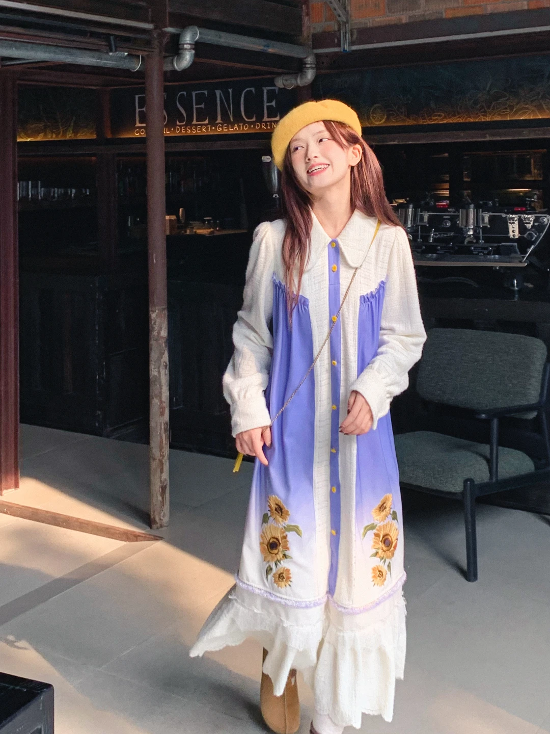 

Gula Liangpin adient Purple Suower Spliced Dr Fre Sweet Sle Long Sve Embroidered Gown for Women CiWalk Busin