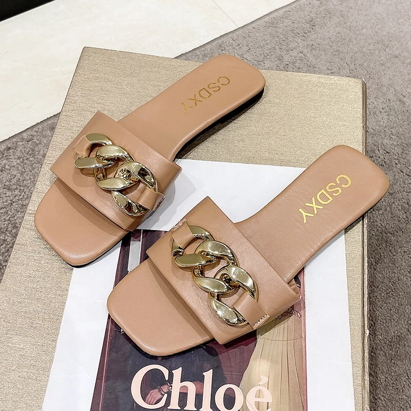 New Chain Women Slippers Summer Slippers Low Heel Women\'s Sandals Indoor Bathroom Outdoor Walk Fashion Show Plus Size 35-42