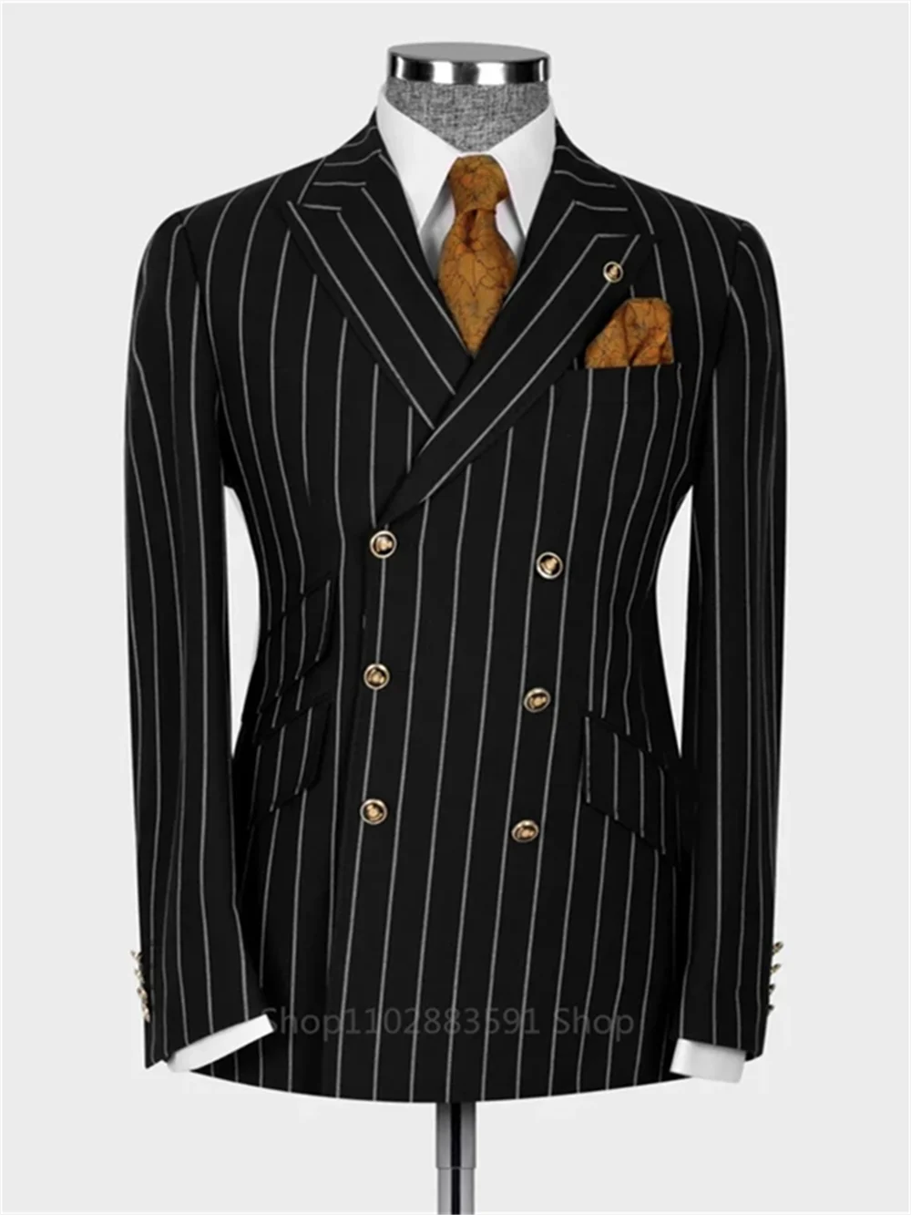 1Pieces Black Striped Latest Design 6 Buttons Men Suits Double Breasted Slim Fit Jacket Blazer Business Formal Costume Homme