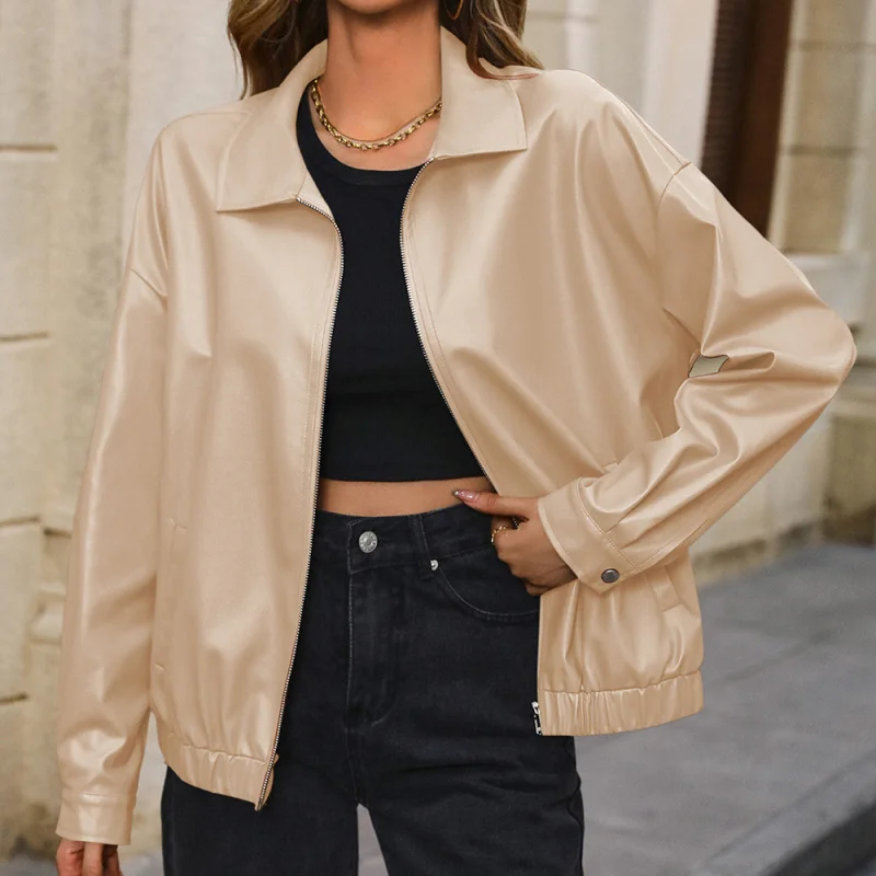 

European and American Casual Short Long Sleeve Zipper Motorcycle Leather with Turn-Down Collar