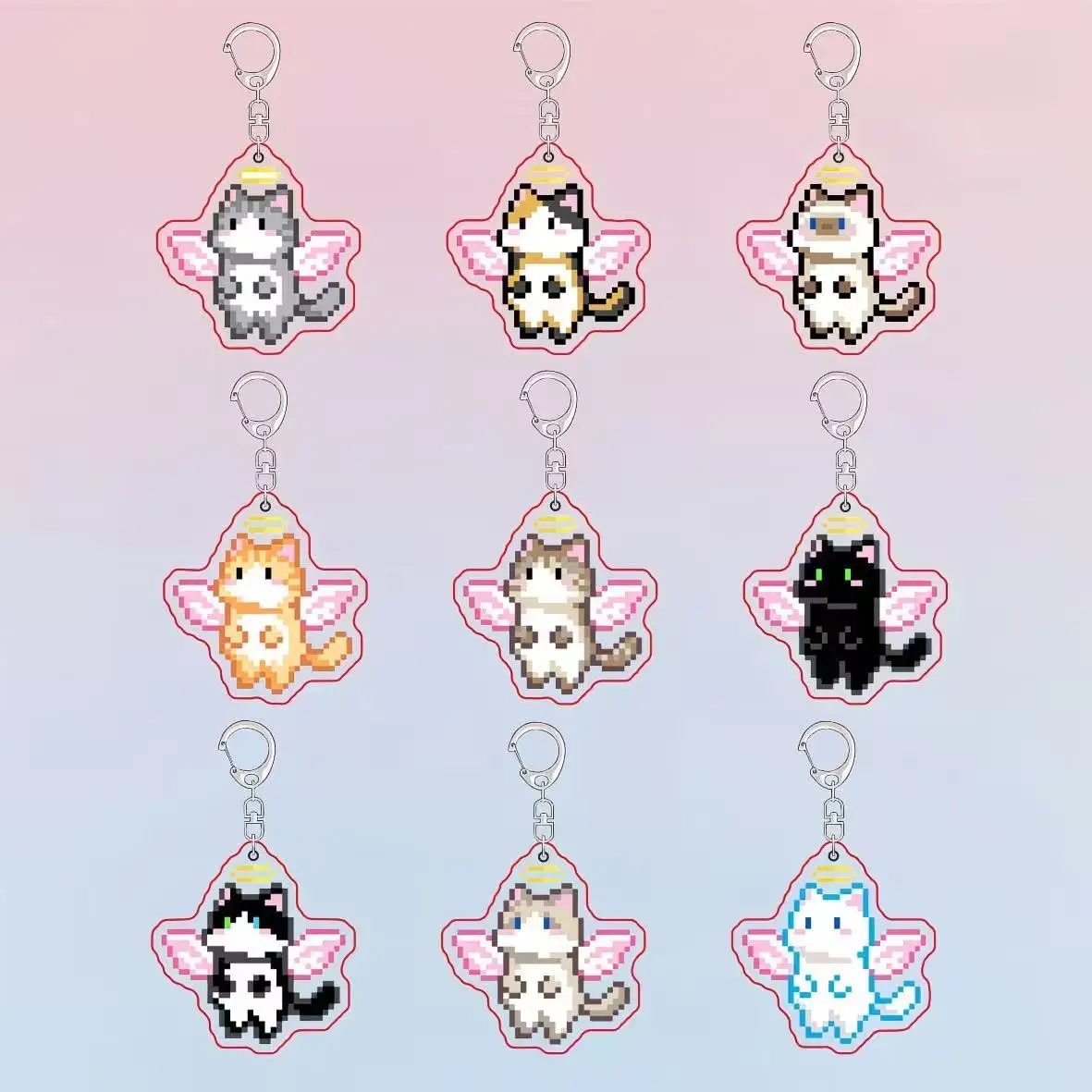 Kawaii Retro Pixel Angel Cat Full Set Acrylic Keychain Soft and Cute Various Colors Pendant Bag Daily Accessories Birthday Gift