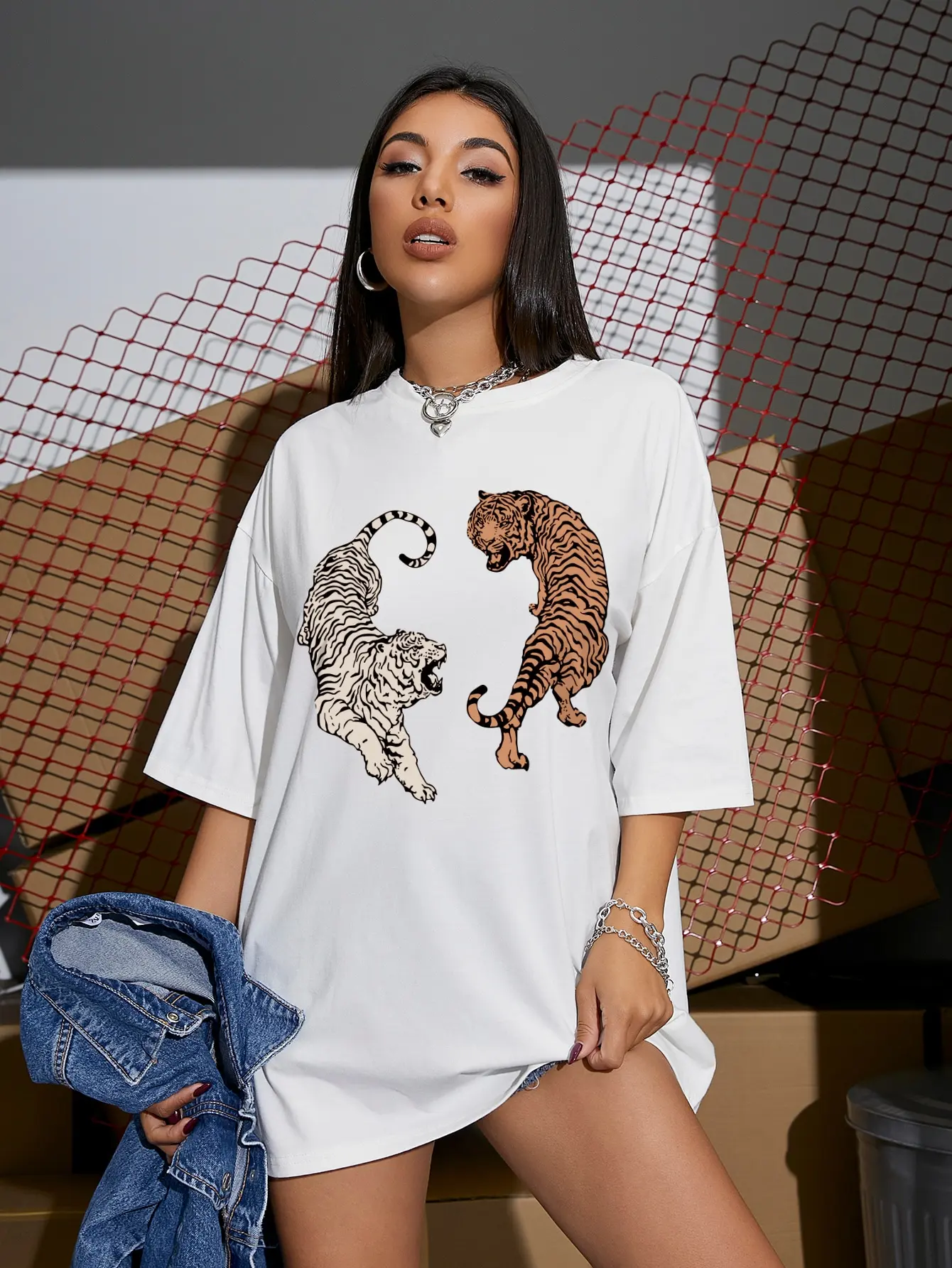 Two Tigers Creativity Printed Cotton T-Shirts For Womens Fashion All-math Loose Tops Street Vintage Crewneck Female Short Sleeve