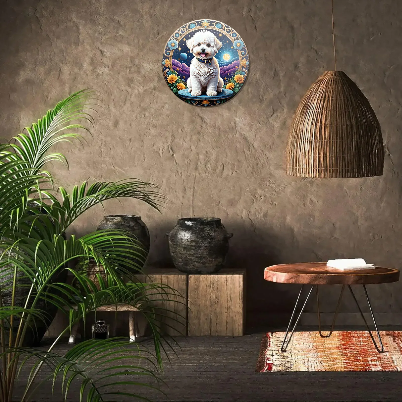 لافتة بيشون فريز مطلية مجعدة، لافتة دائرية لطيفة على شكل كلب، معلقة على الحائط، (20 * 20 سم) ديكور، ديكور المقهى، هدايا نسائية. المرآب #4