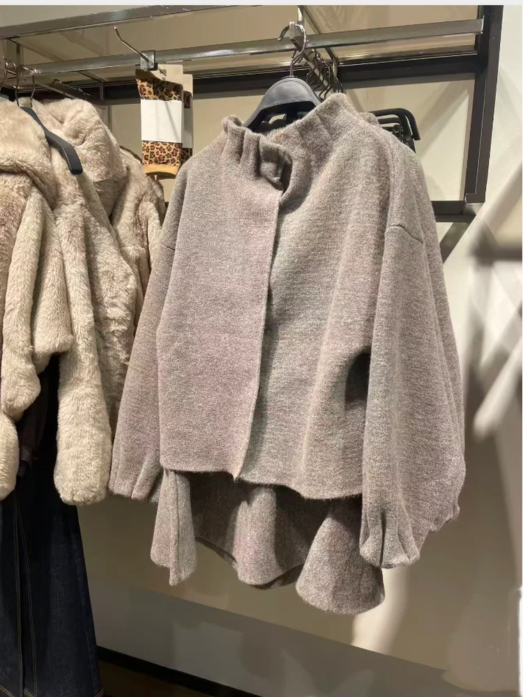 

Autumn 2025 New Arrival Women's Lazy Sle Vintage Stand Collar Pleated Knitted Pilot Jaet Outerwear Soft Polyester Fiber