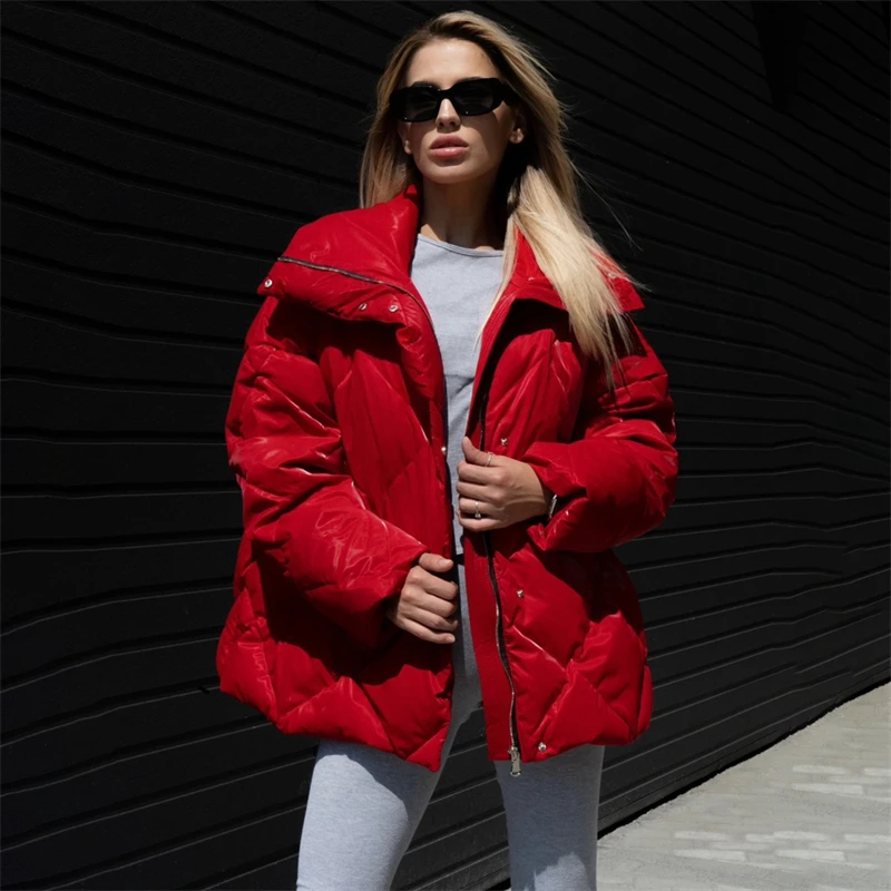 2024 winter new women\'s matte bright face lapel diamond check cotton-padded jacket y2k fashion loose casual warm bread jacket