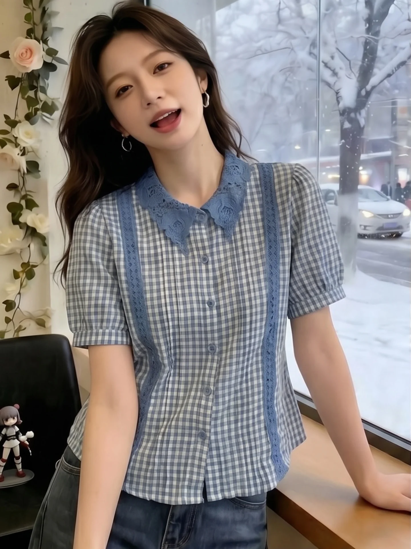

Blue Plaid Lace Splicing Loose Short Sleeve Collar Shirt Women Summer Casual Style Breathable Comfortable Korean Version