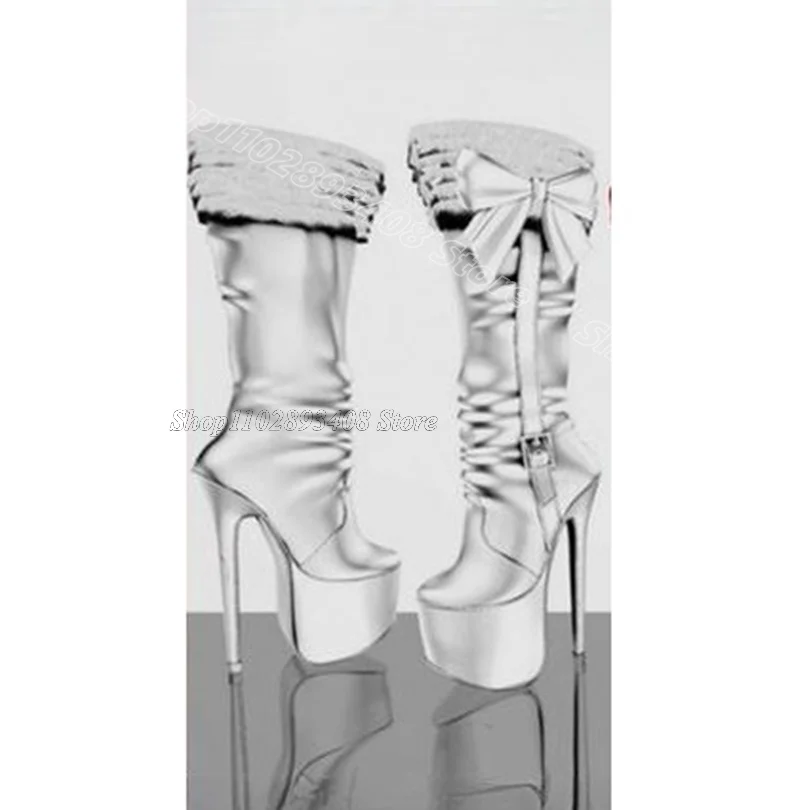 

White Fur Bowknot Decor Boots Stiletto Round Toe New Fashion British Style Winter Women Dress Party Boots Zapatos Para Mujere