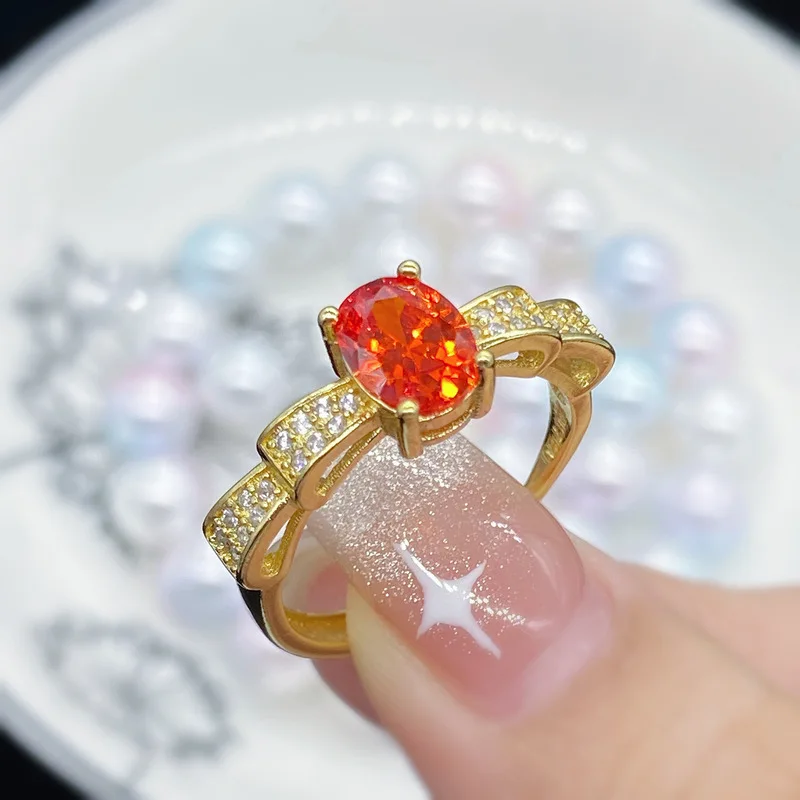 Geometric Fendah color orange-red zircon. Full-cut fashionable and exquisite ladies' elegant party jewelry ring. 925 silver qual