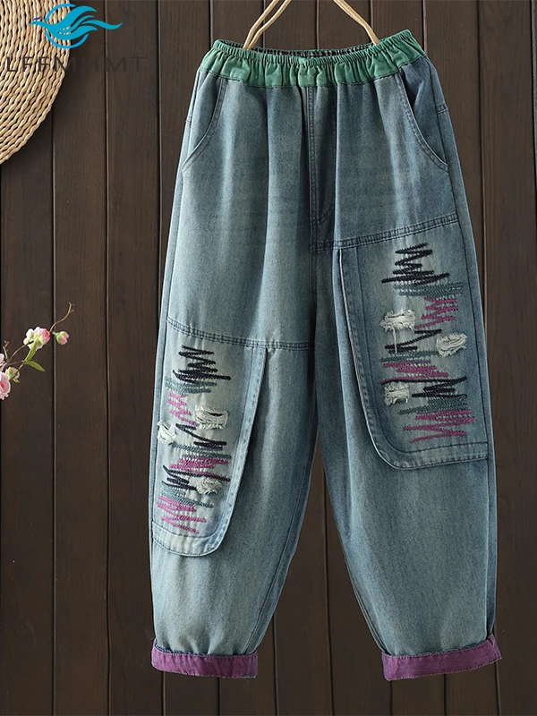 

Женские винтажные джинсы, свободные полосатые джинсовые брюки с эластичной резинкой на талии и вышивкой, повседневные облегающие джинсовые брюки-шаровары длиной до щиколотки, свободные брюки