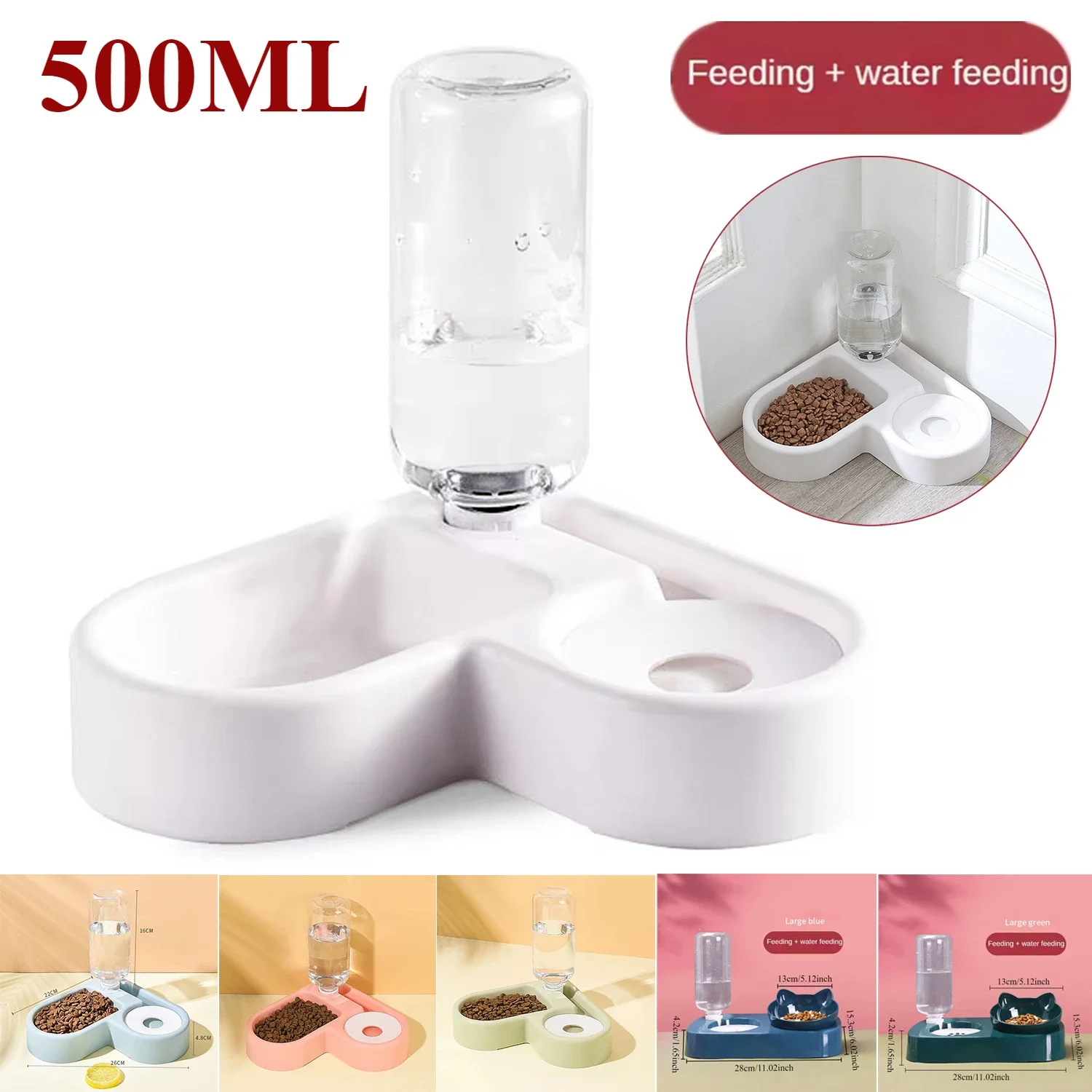 

500ml Feeder Bowl Dog Bottle Drinking Cat Automatic Water Double Bowls Food Wall Corner Save Space Cats Kitten Dogs Pet Product