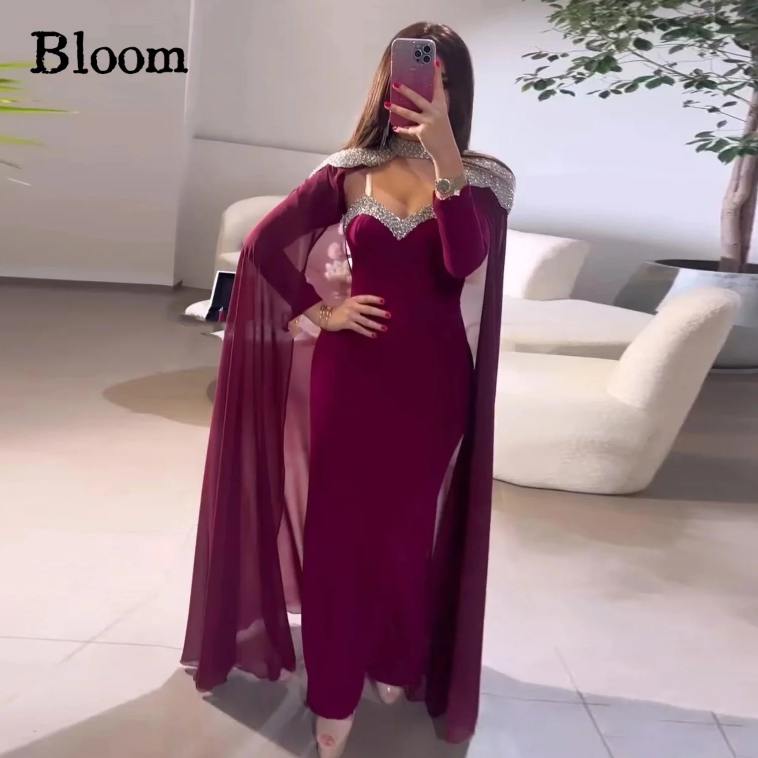 

Bloom Glittery Cloak Evening Dresses Sweetheart Neckline Chiffon Long Sleeves Prom Dresses 2-piece Formal Occasion Party Gown