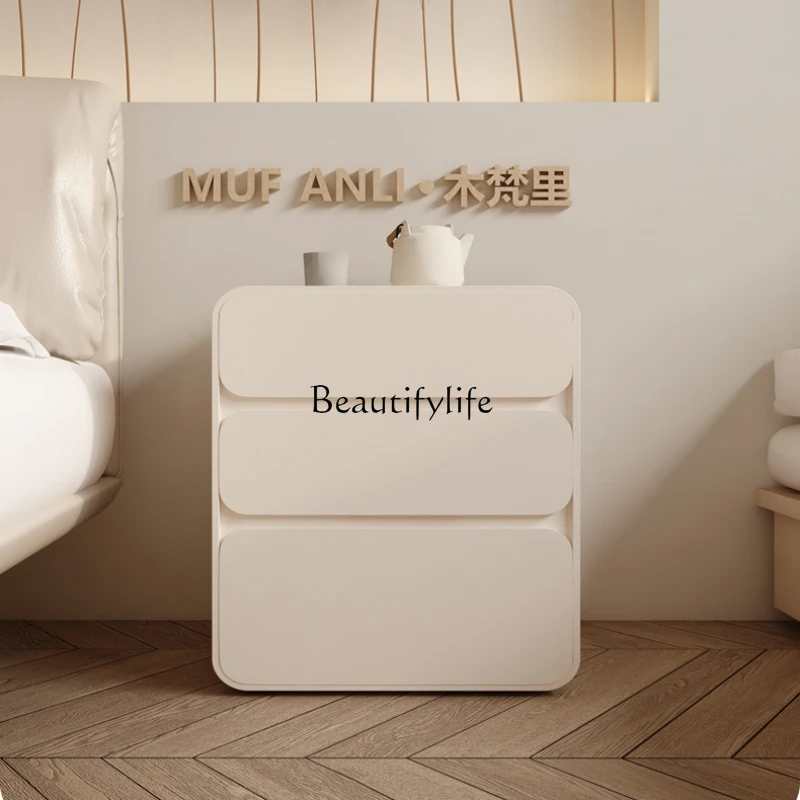 Solid Wood Cream Style Small Three-Drawer Leather Chest of Drawers Light Luxury Modern Minimalist Bedroom Bedside Table