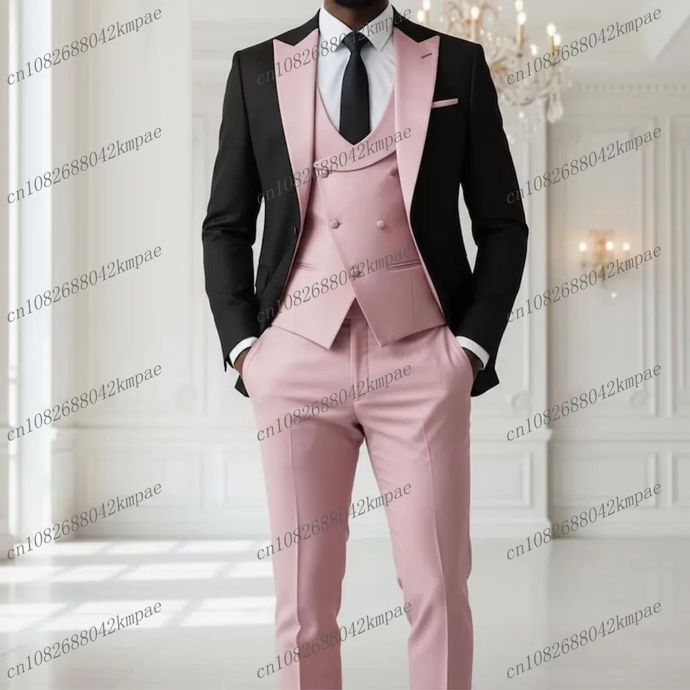 

New Black And Pink Formal Men Suit Groom Groomsman Wedding Party Prom Business Male Tuxedos 3 Piece Set Blazer Vest Pants